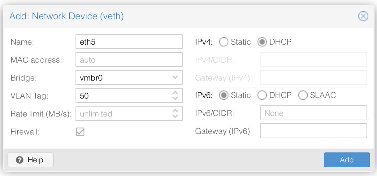 Screenshot of Proxmox config for a network device for the Avahi
container