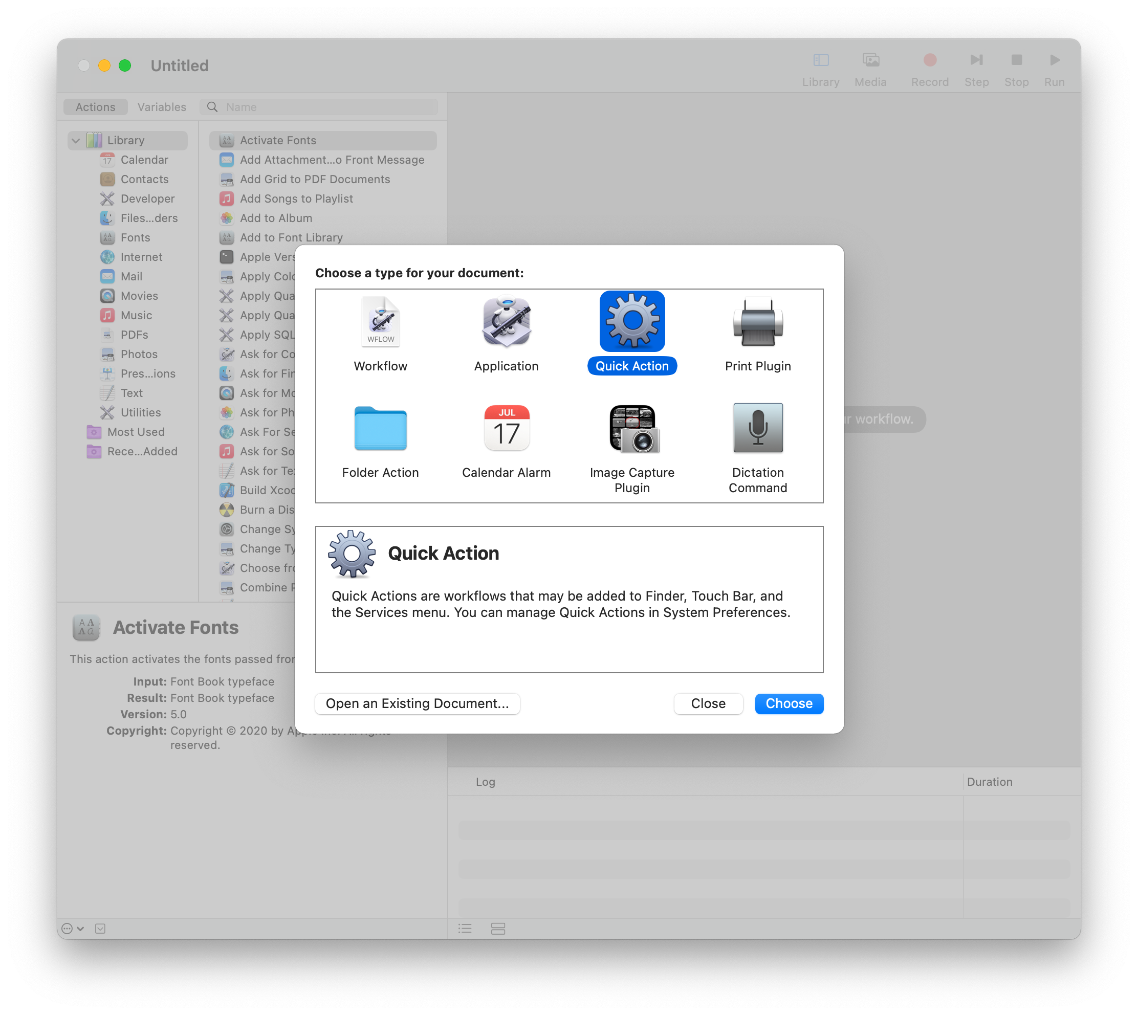 Selecting Quick Action in Automator